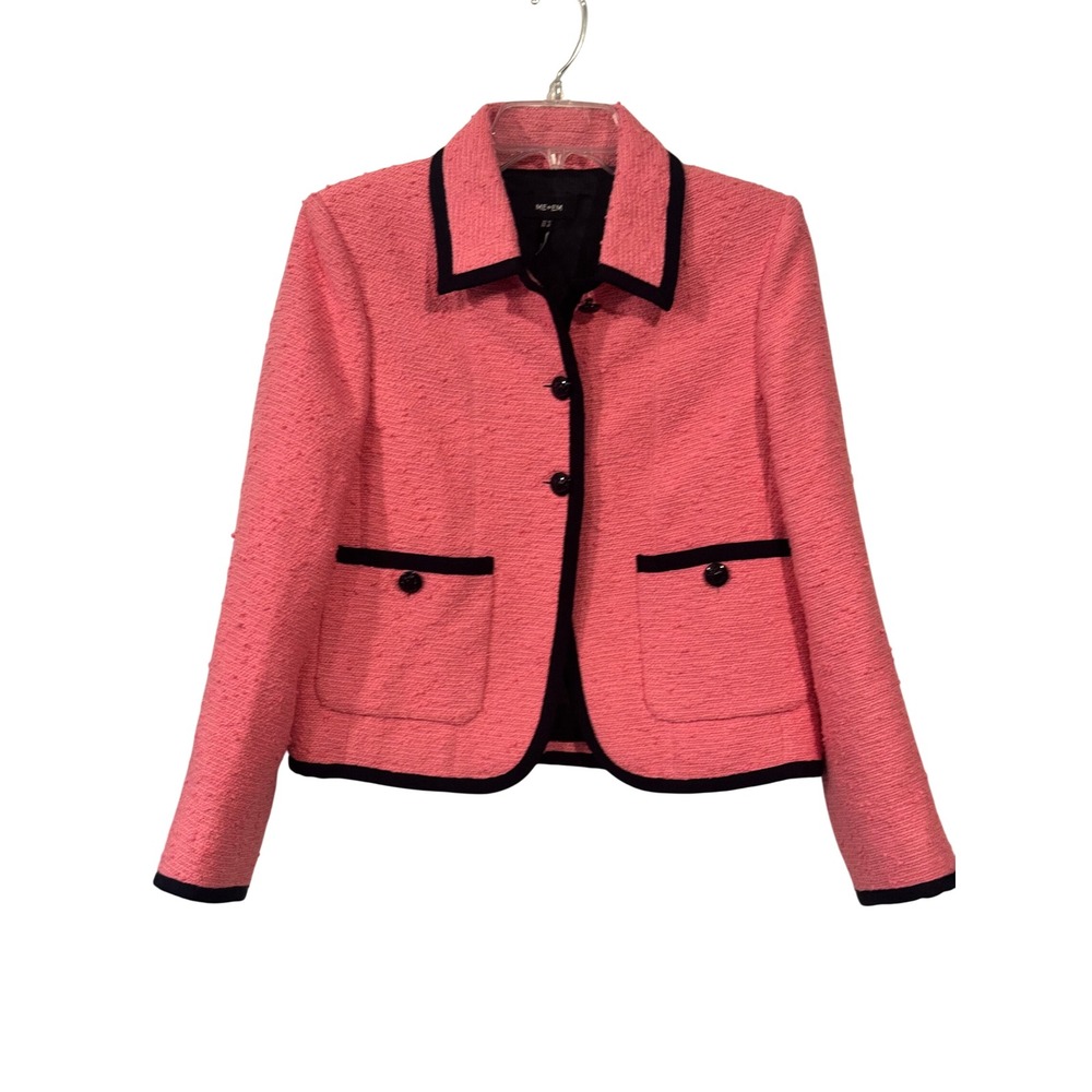 ME+EM Coral Pink Boucle Tweed Jacket Black Contrast Trim Size US 8 UK 12